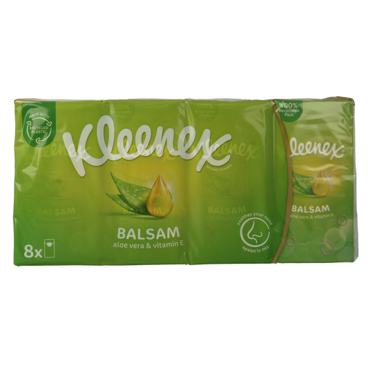 Kleenex Balsam tissues pack of 8, soft facial tissues with soothing Balsam, in a white box with blue accents.