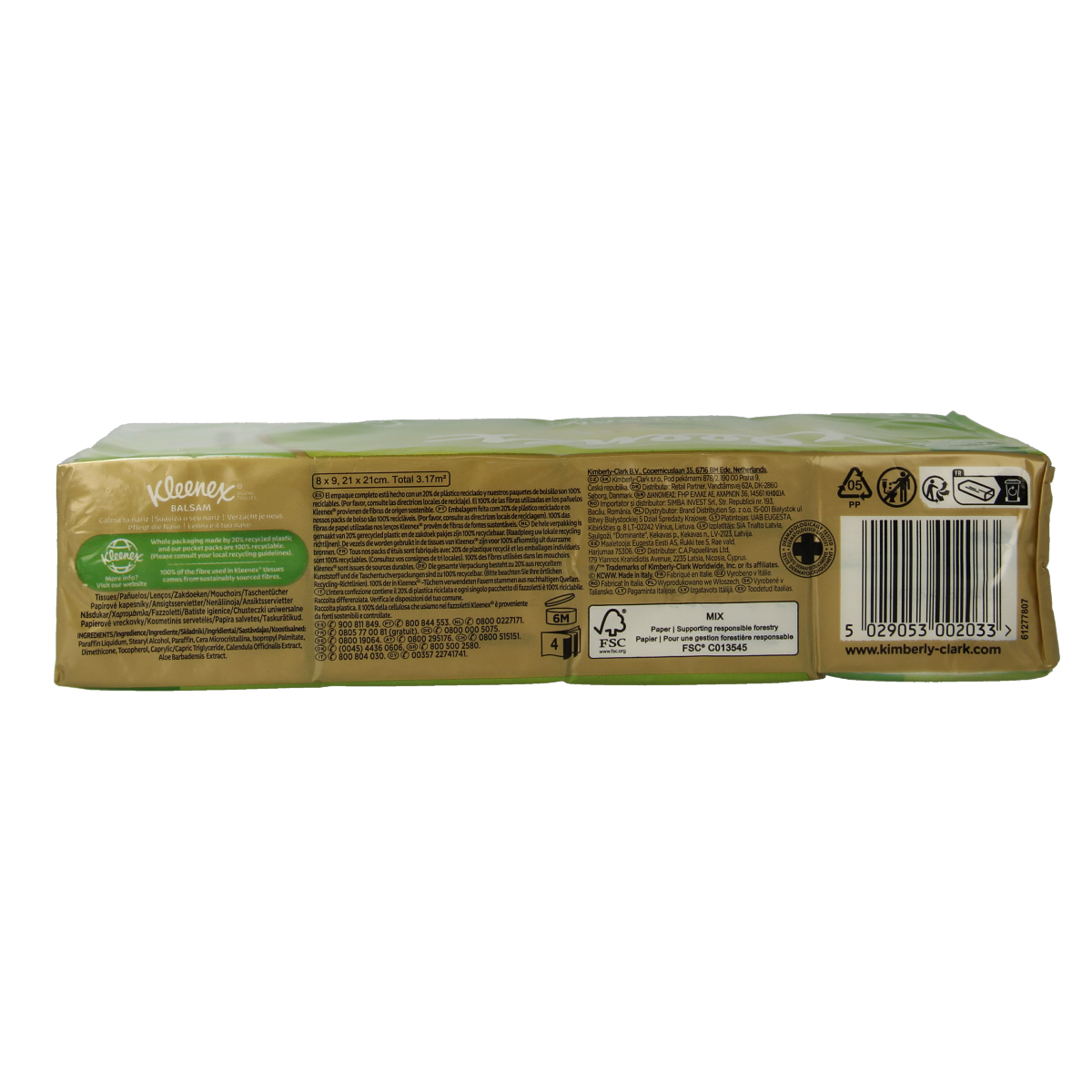 Kleenex Balsam tissues in a box, soft facial tissues with soothing Balsam, 8 packs, designed for gentle use.