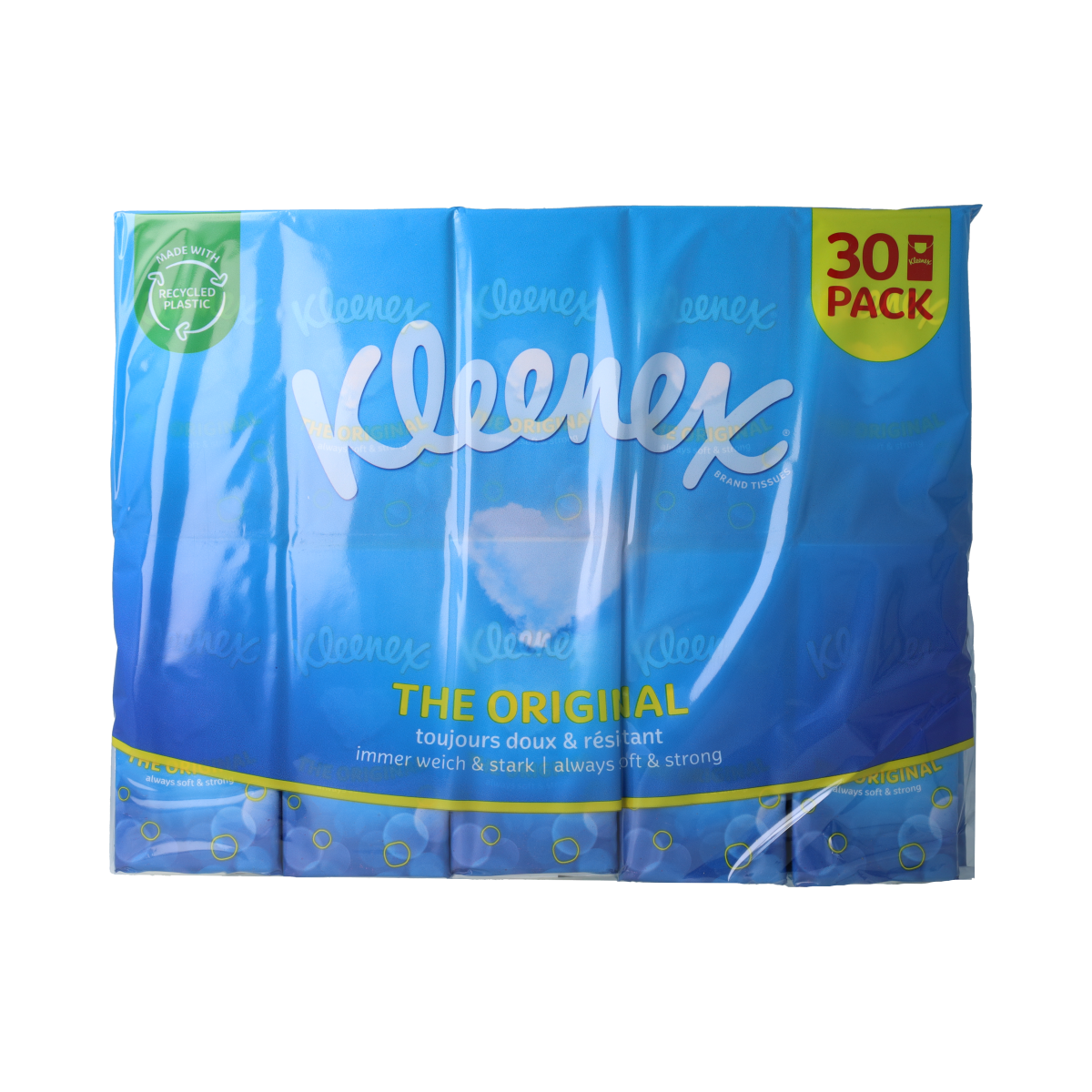 Box of Kleenex Original tissues with 9 pack, soft facial tissues in white, for everyday use.