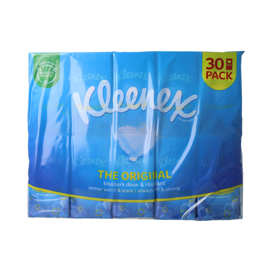 Box of Kleenex Original tissues with 9 pack, soft facial tissues in white, for everyday use.