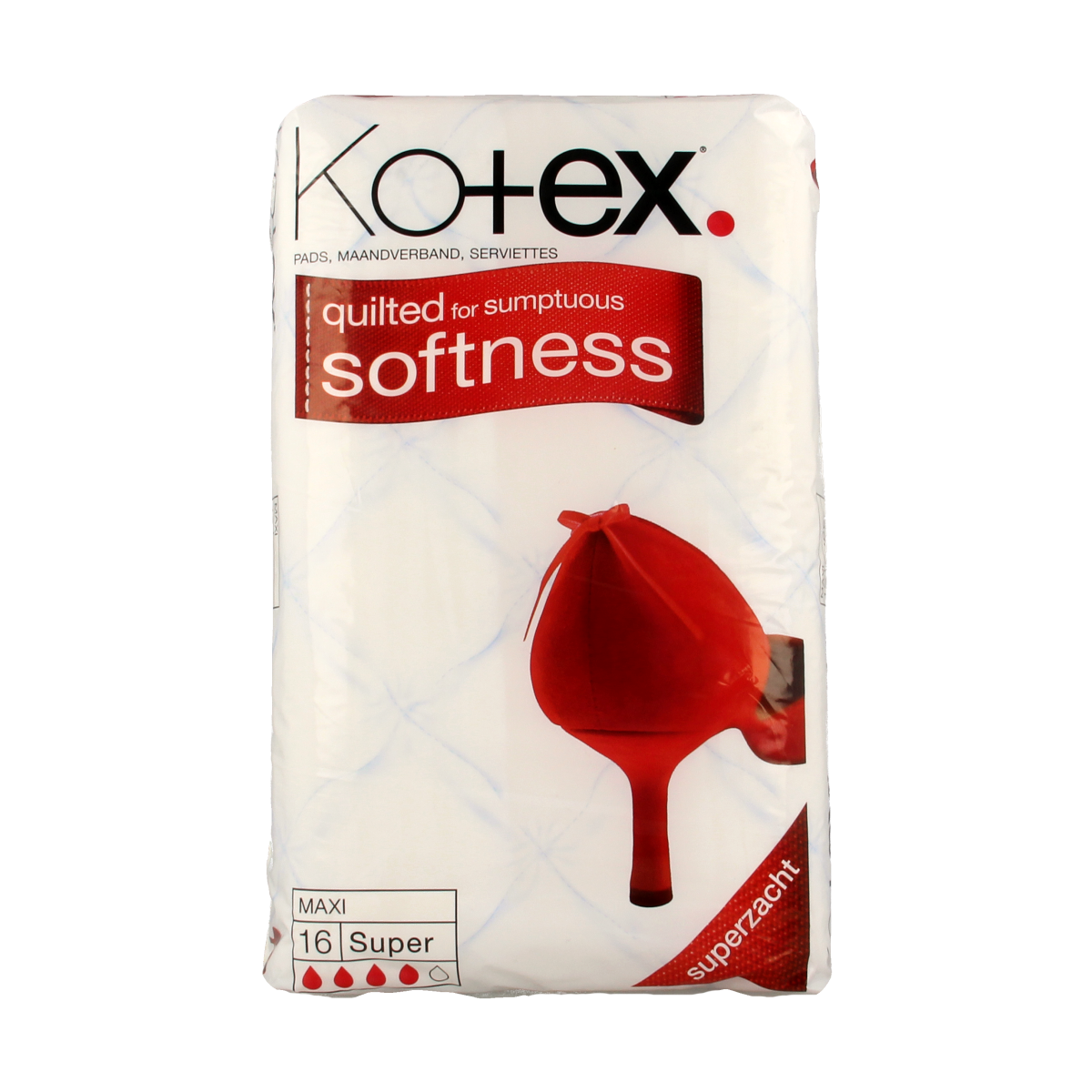 Kotex Maxi super sanitary pads and tampons package, 16-count box for women, with feminine hygiene products in front of white background.