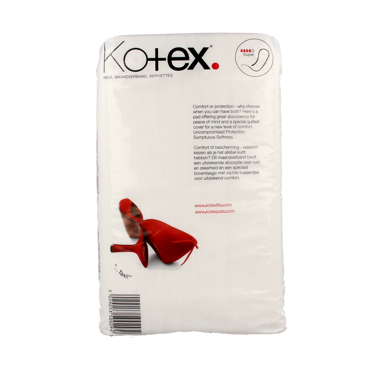 Kotex Maxi super sanitary pads and tampons for women, 16-pack, with feminine hygiene product packaging.