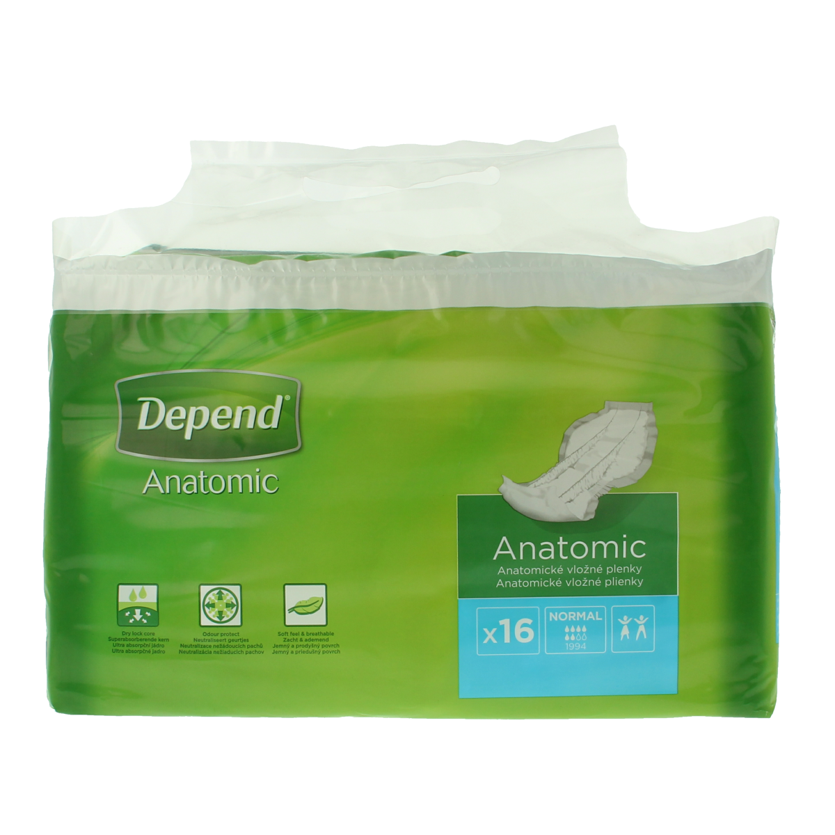 Depend Anatomic normaal incontinentie inlegkruisjes, 16 stuks, voor comfortabele bescherming en ondersteuning.