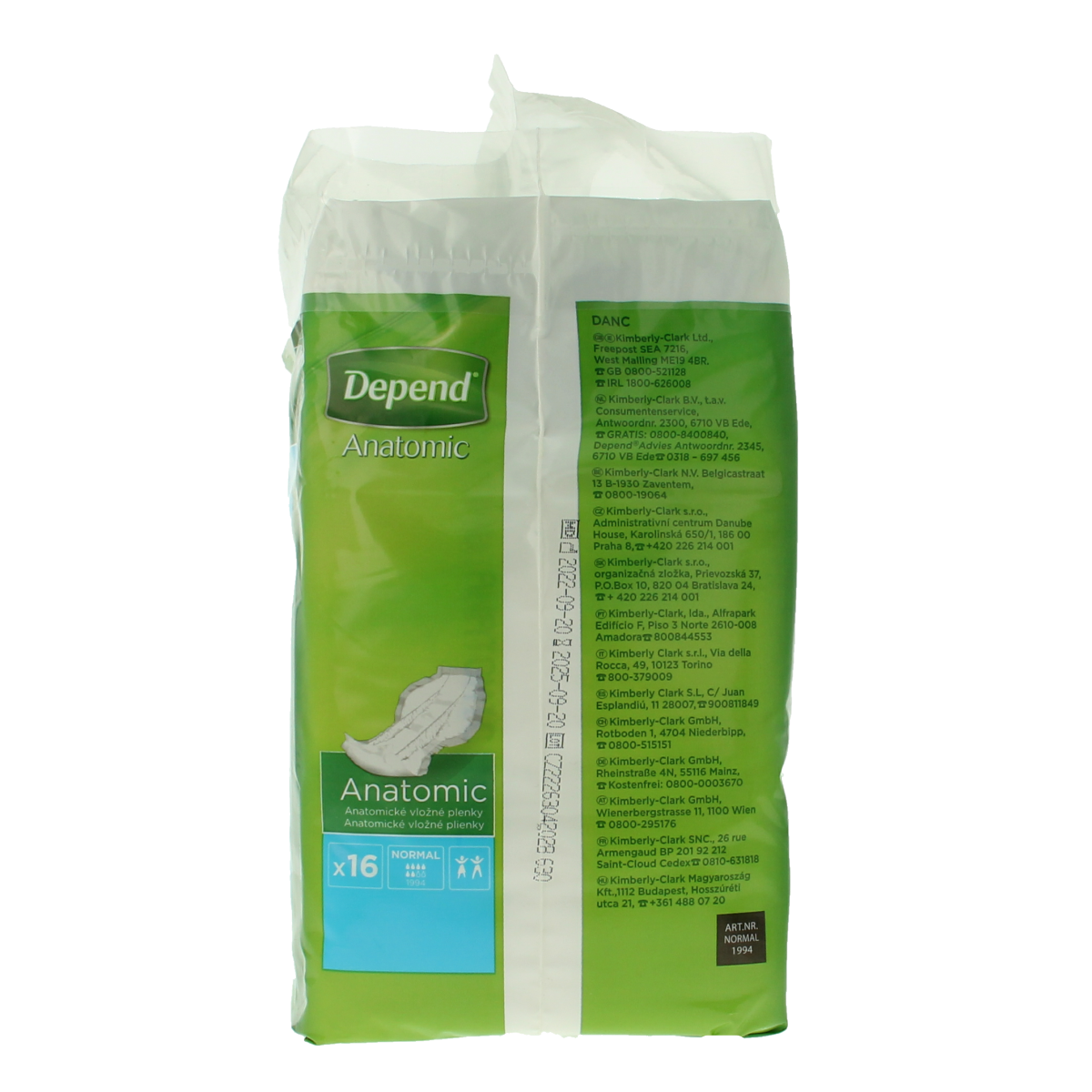 Depend Anatomic normaal incontinentie pads, 16 stuks, soft and discreet absorbent incontinence pads for comfortable protection.