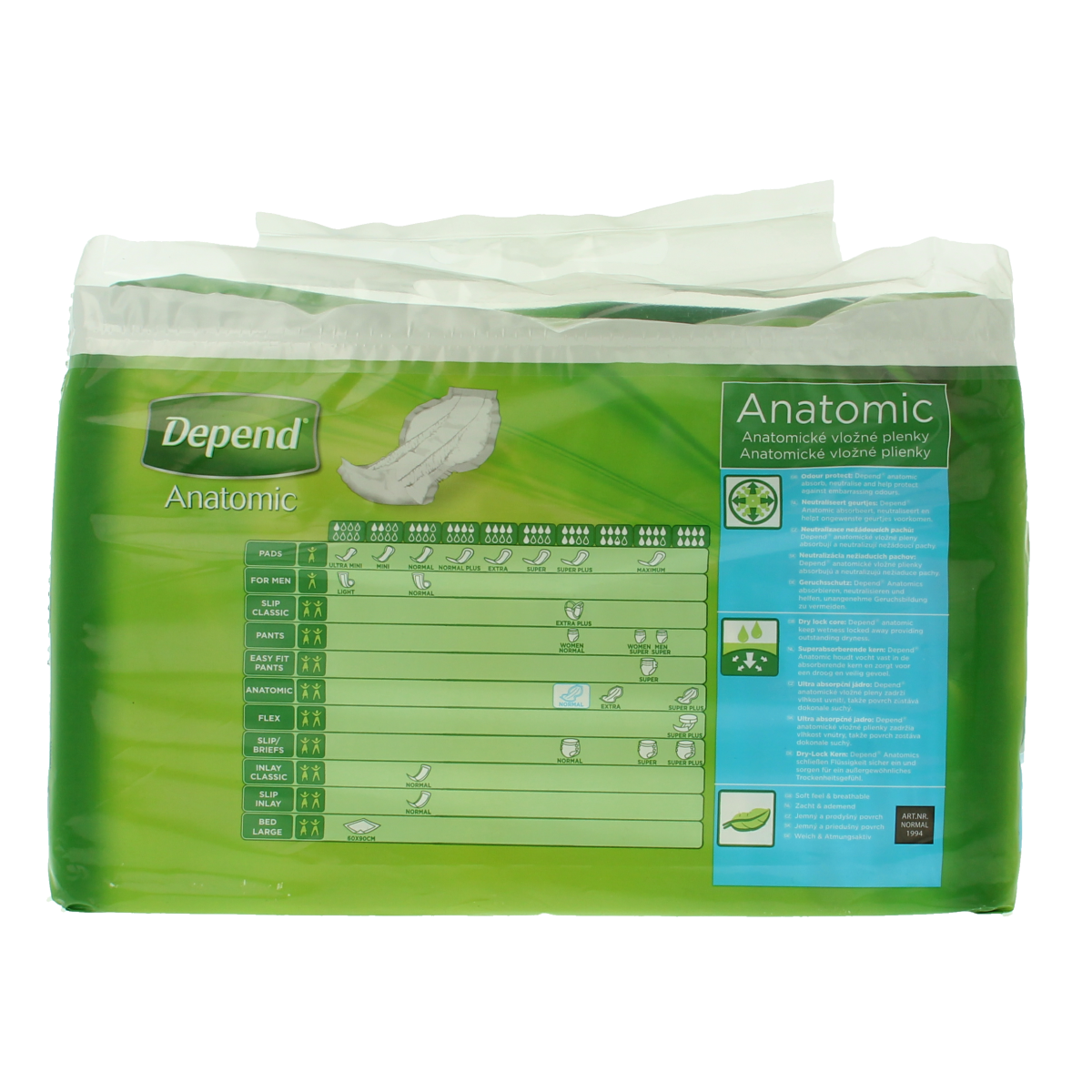 Depend Anatomic normaal incontinentie inlegkruisjes, 16 stuks, zachte beschermende incontinentieproducten voor dagelijks gebruik.