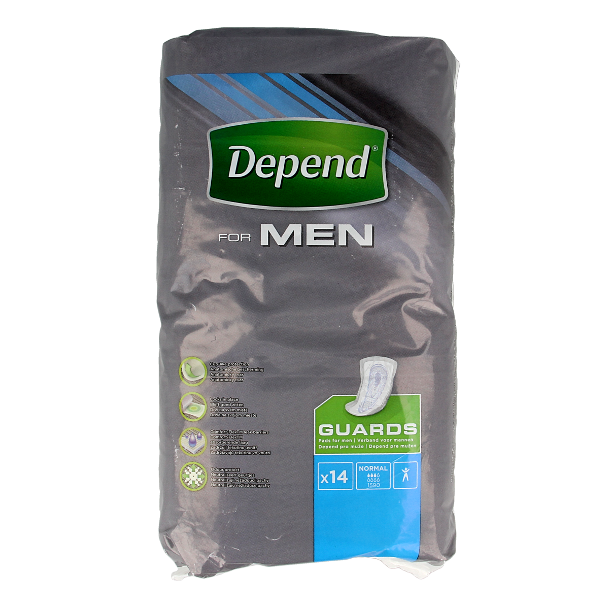 Depend for Men incontinence pads, 14-pack, featuring discreet absorbent design for comfortable protection.