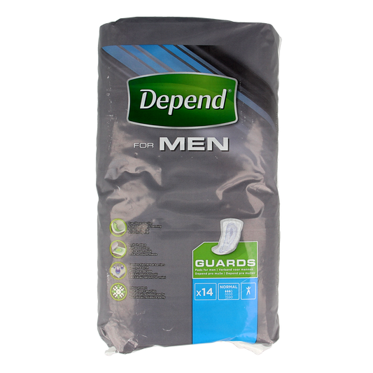 Depend for Men incontinence pads, 14-pack, featuring discreet absorbent design for comfortable protection.