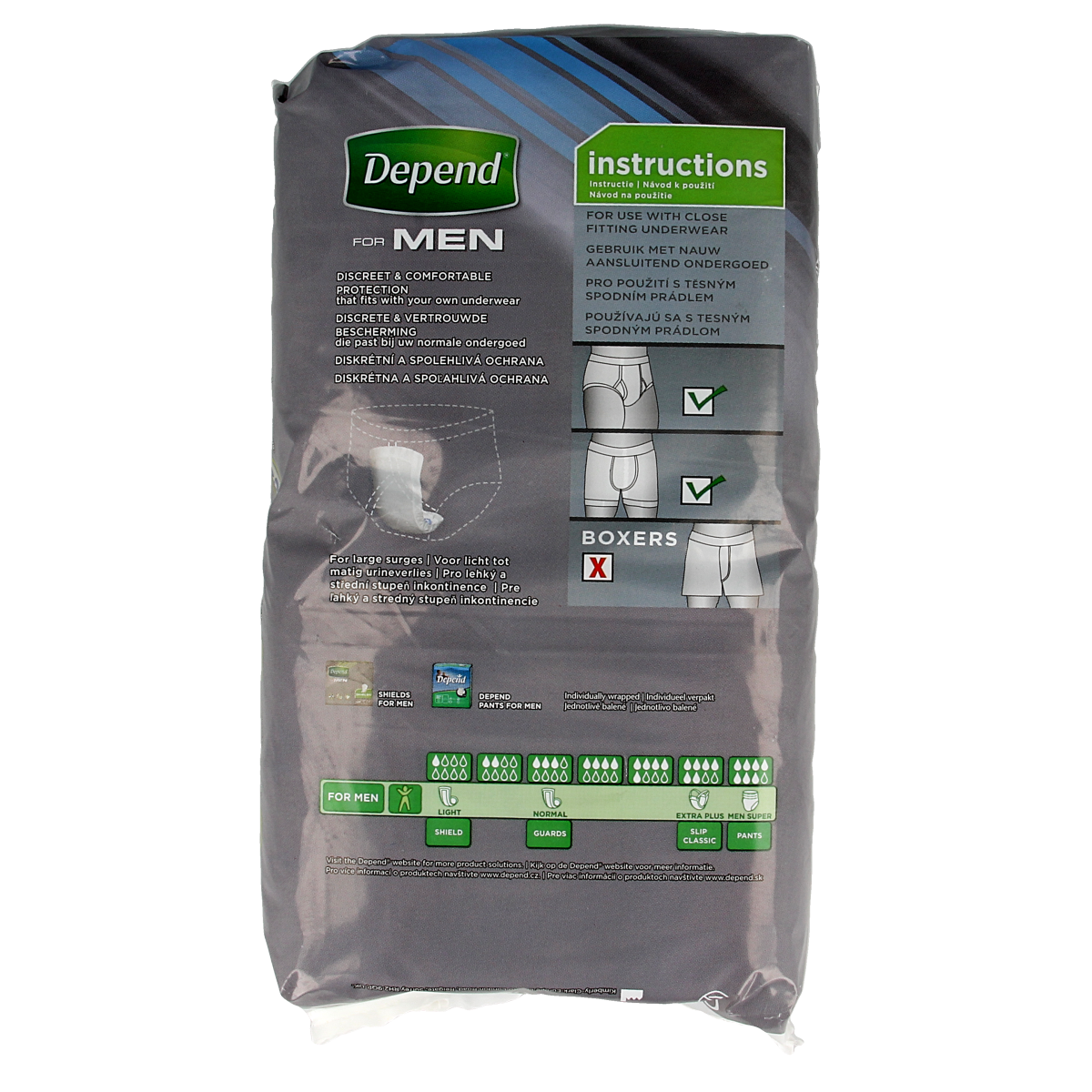 Depend for Men incontinence pads, 14-pack, featuring discreet absorbent underwear and protection for men.