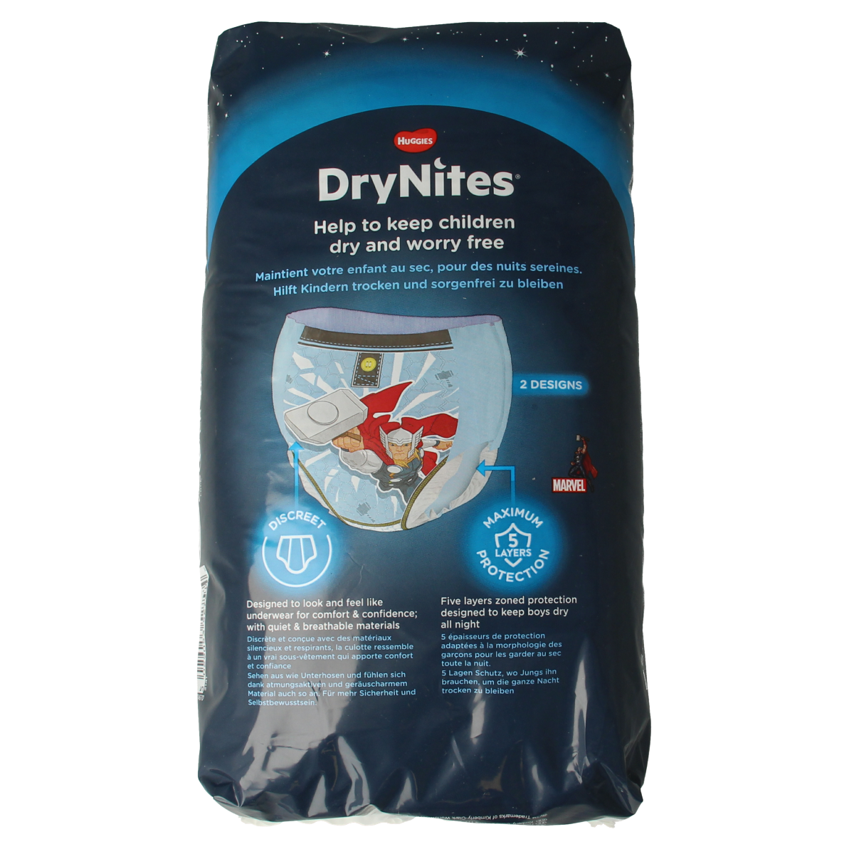 Huggies Drynites boys' disposable bedwetting diapers for ages 4-7, pack of 10, shown with packaging and product design