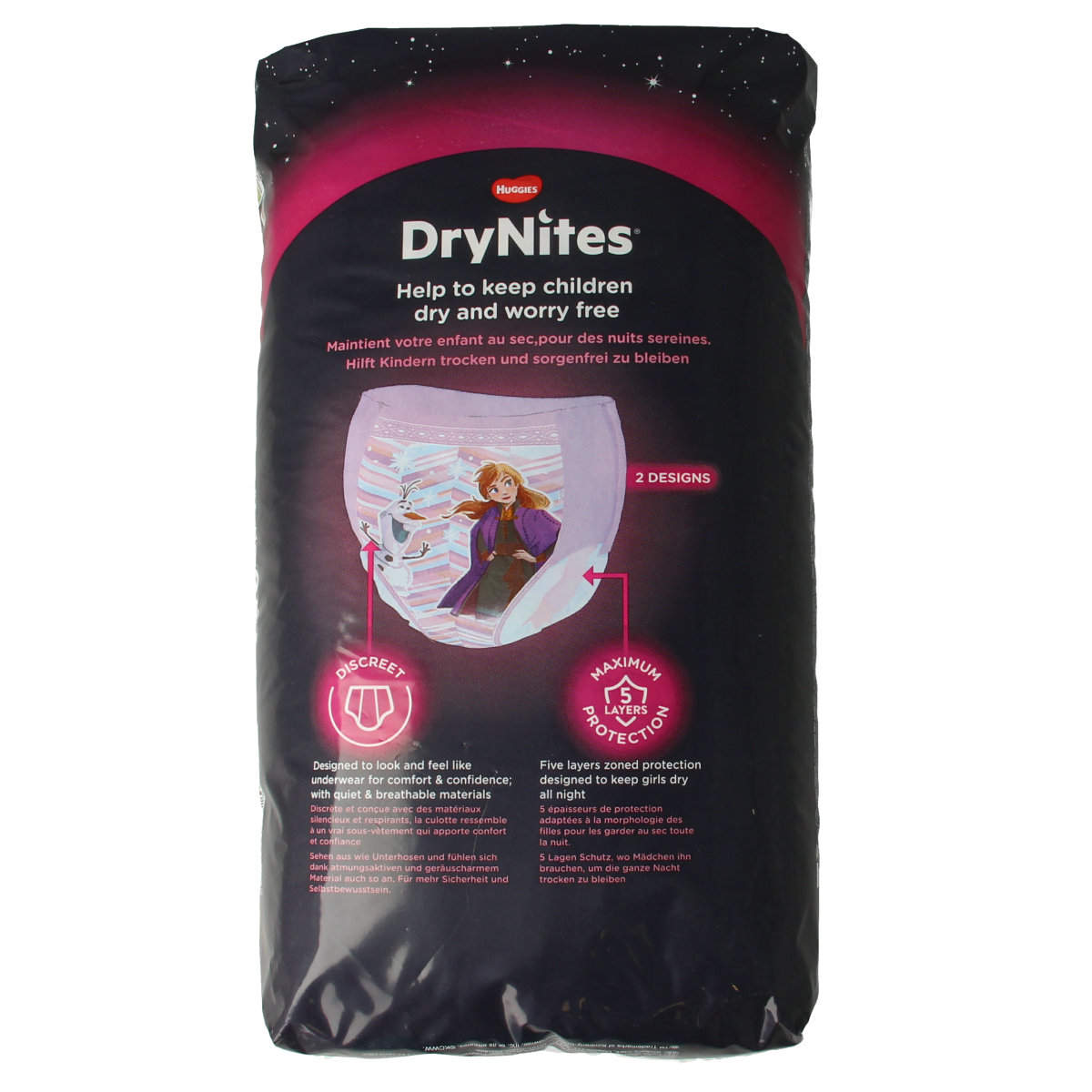 Huggies Drynites girl-sized disposable training pants for ages 4-7, pack of 10, suitable for overnight use.