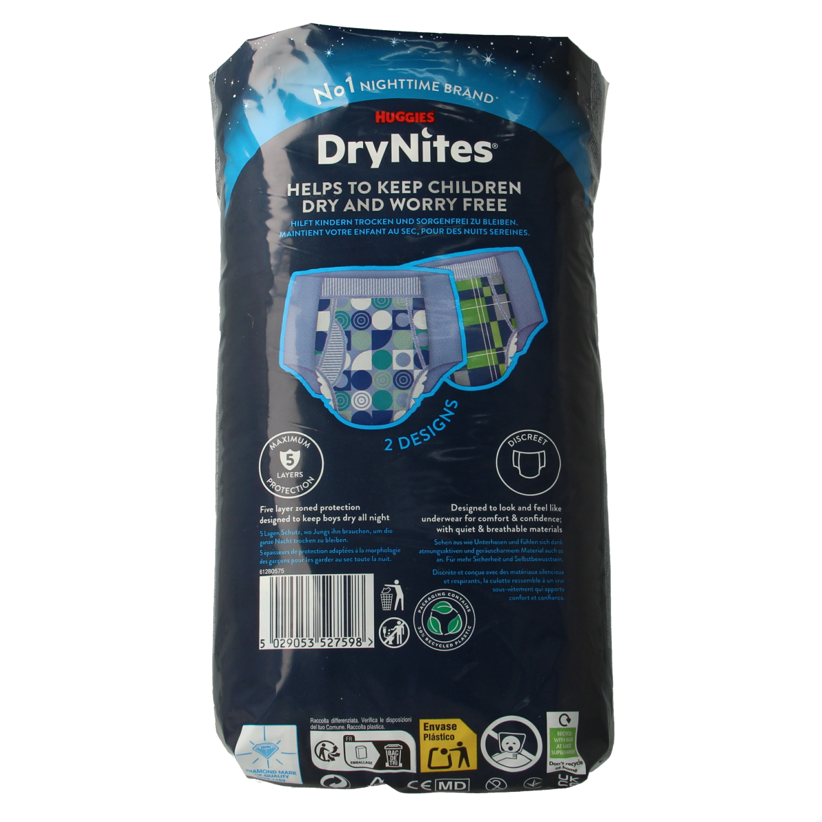 Huggies Drynites boy diaper for ages 8-13, pack of 9, showing the packaging with diaper illustrations and brand logo.