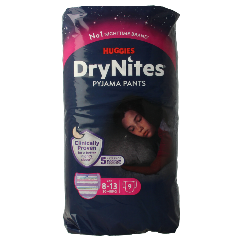 Huggies Drynites girl 8-13 years pack of 9 disposable training pants for girls between ages 8 and 13.