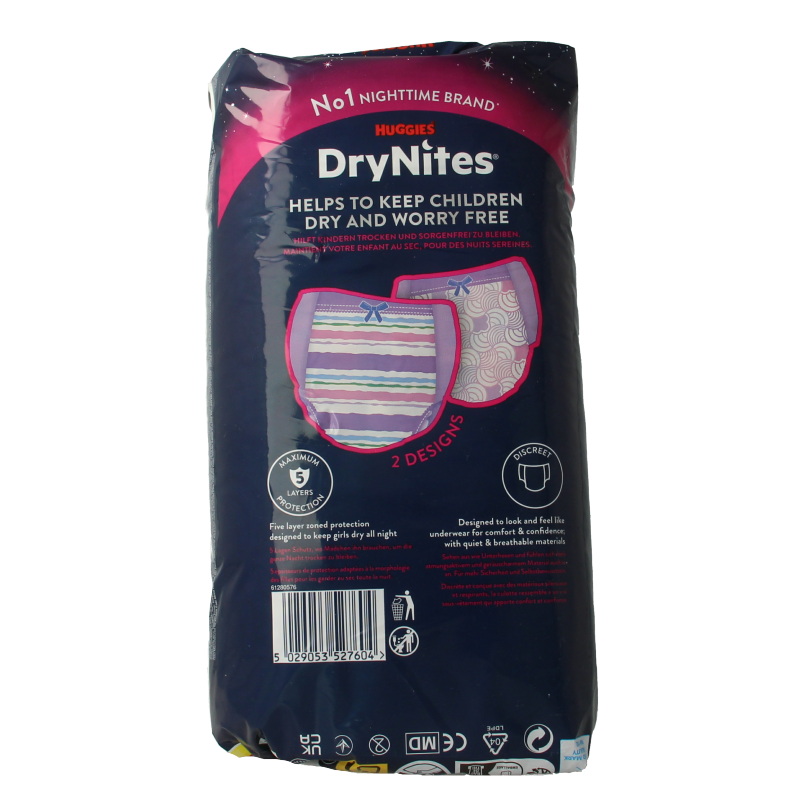 Huggies Drynites girl disposable underwear for ages 8-13, pack of 9, designed for overnight protection and comfort.