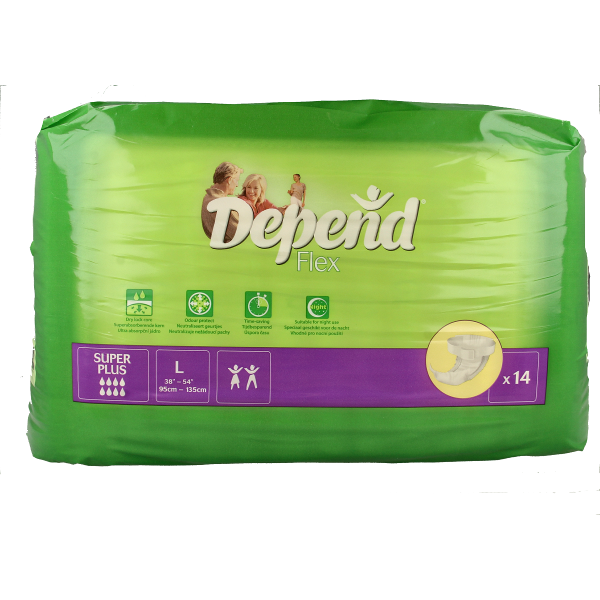 Depend Flex Super+ incontinence pads size L, 14-pack, showing absorbent, contoured design for secure fit and comfort.