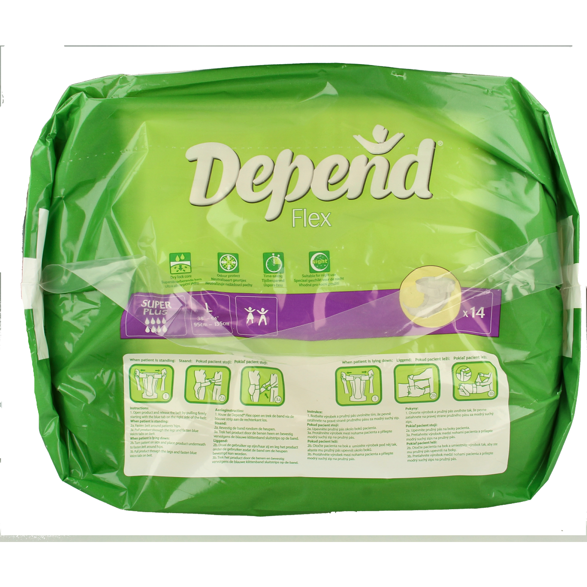 Depend Flex Super+ incontinence pads size L, 14-pack, with absorbent core and flexible fit for comfortable protection.