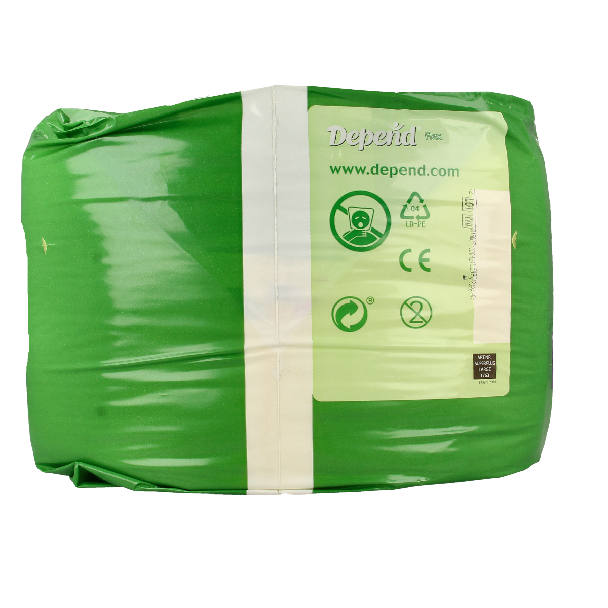 Depend Flex Super+ incontinence pads size L, 14-pack, showing soft, absorbent surface and secure fit for bladder leakage.