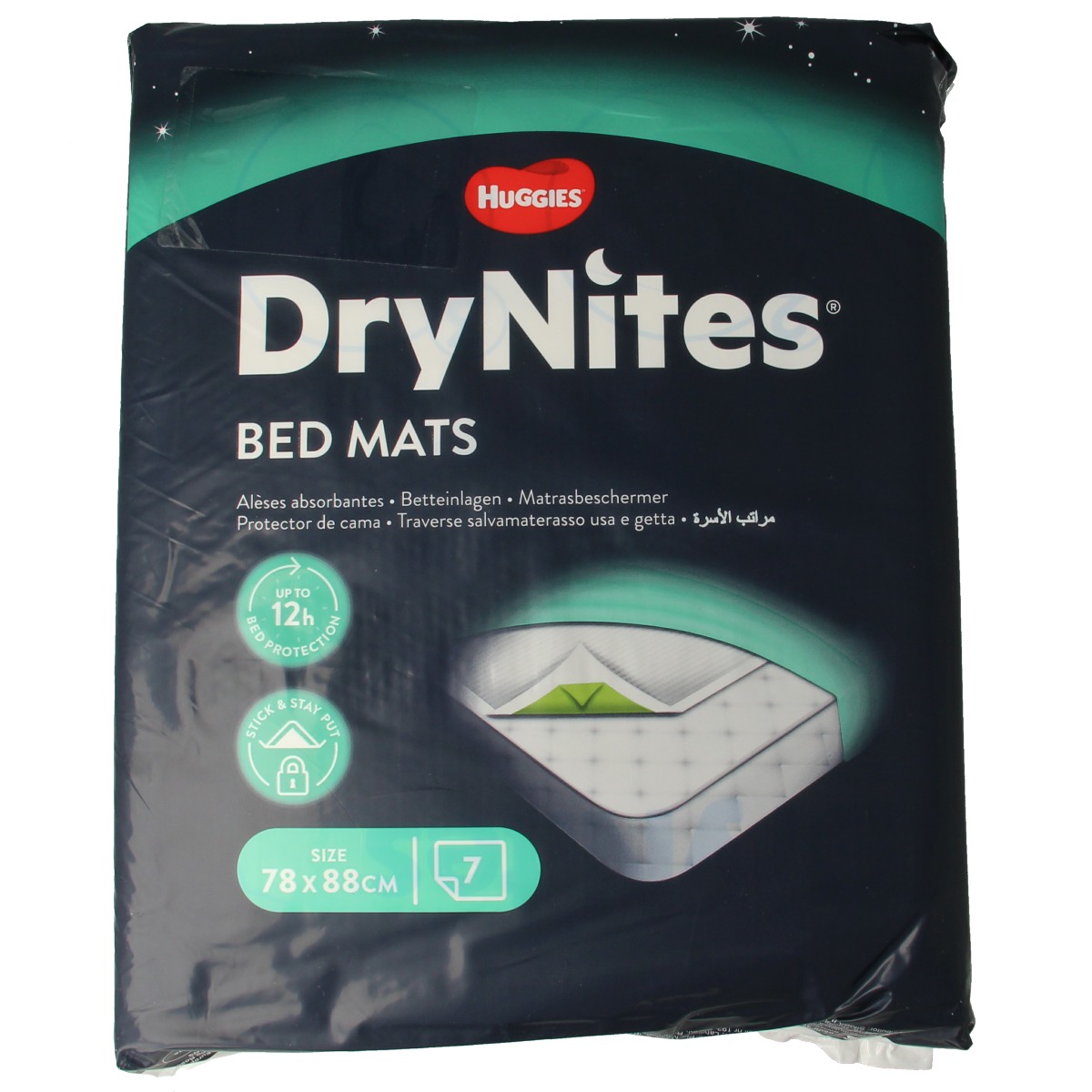 Huggies Drynites bed mats, pack of 7, soft and absorbent bed protectors for overnight dryness, designed for children.