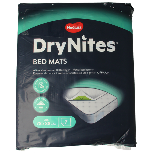 Huggies Drynites bed mats, pack of 7, soft and absorbent bed protectors for overnight dryness, designed for children.