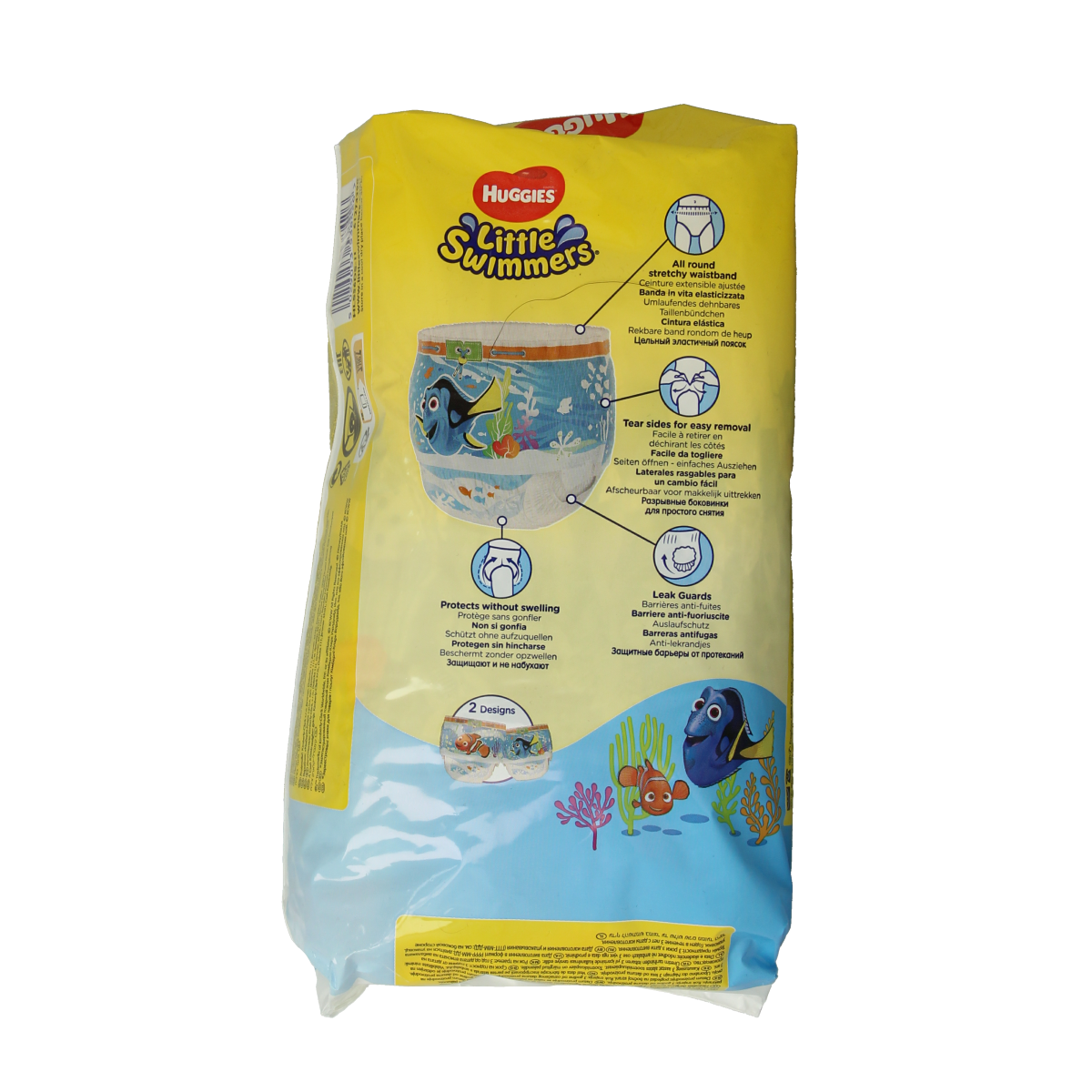 Huggies Little Swimmers size 5-6 diaper pack with 11 waterproof swimming diapers for children 12-18kg, showing packaging and diapers