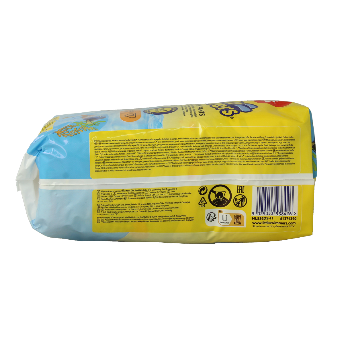 Huggies Little Swimmers size 5-6 waterproof swim diapers for 12-18kg, pack of 11, featuring colorful aquatic design.