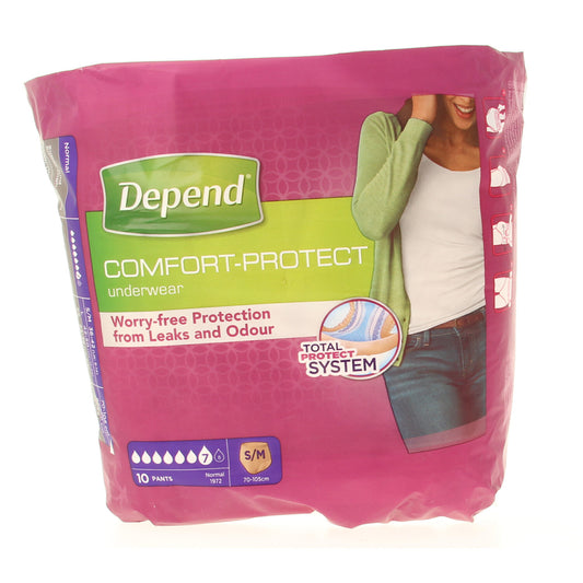 Depend Pants incontinence underwear, size S/M, pack of 10, designed for discreet and comfortable urinary protection.