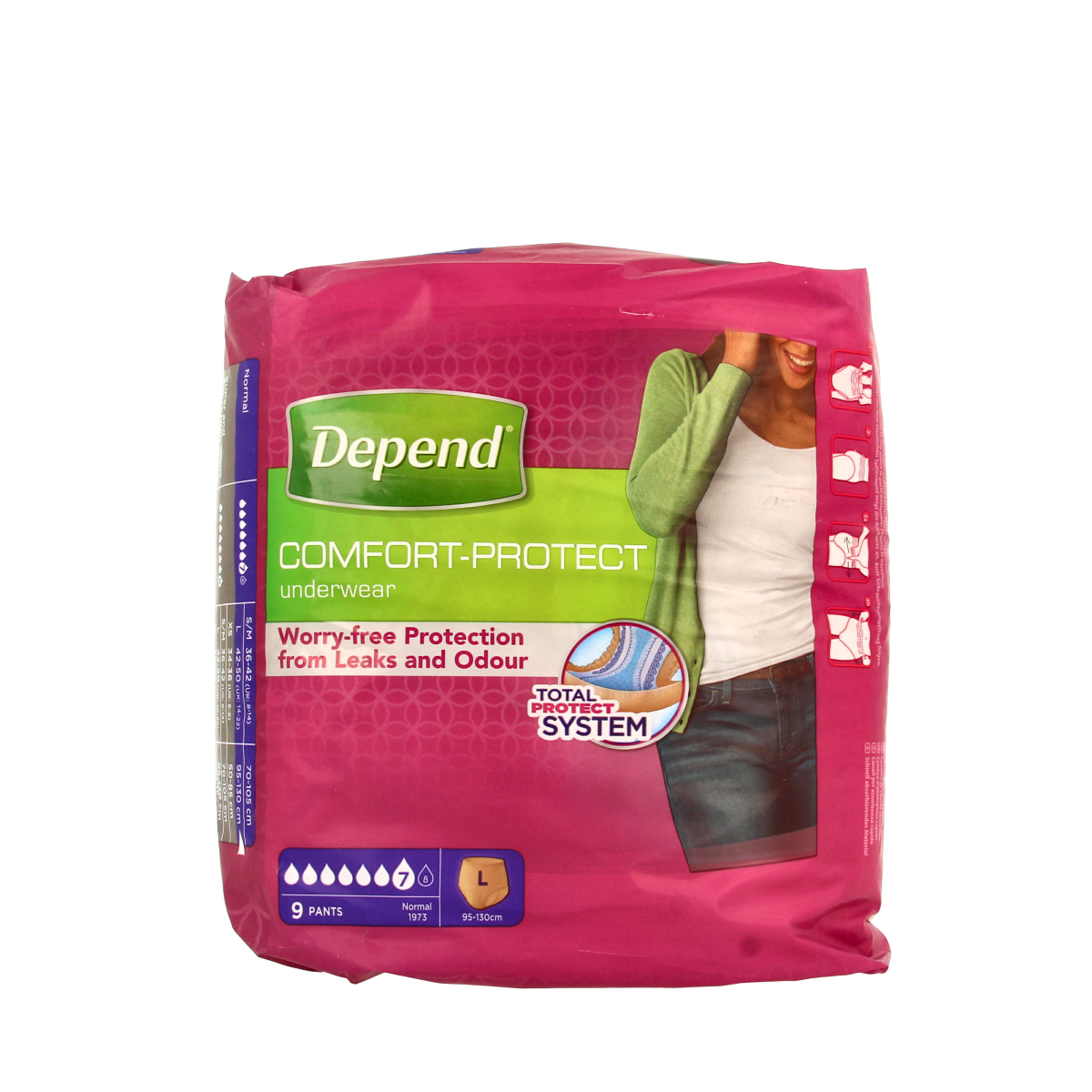Depend Incontinence Pants, size L, 9-pack, shown in image with adjustable waist and absorbent material for comfort and protection.