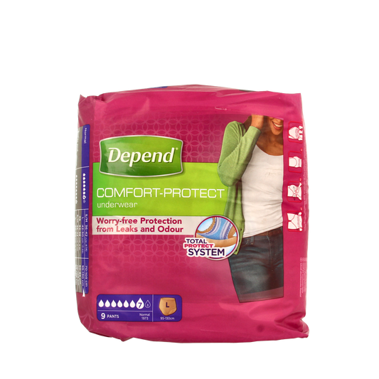 Depend Incontinence Pants, size L, 9-pack, shown in image with adjustable waist and absorbent material for comfort and protection.