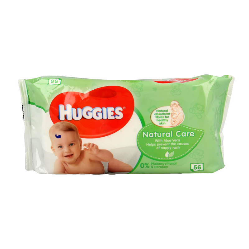 Huggies NaturalCare Wipes, 56 pack, soft baby wipes with gentle cleaning ingredients, suitable for sensitive skin.
