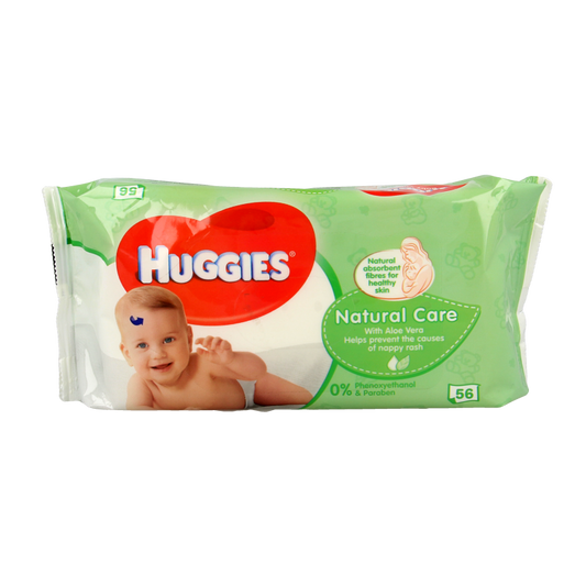 Huggies NaturalCare Wipes, 56 pack, soft baby wipes with gentle cleaning ingredients, suitable for sensitive skin.