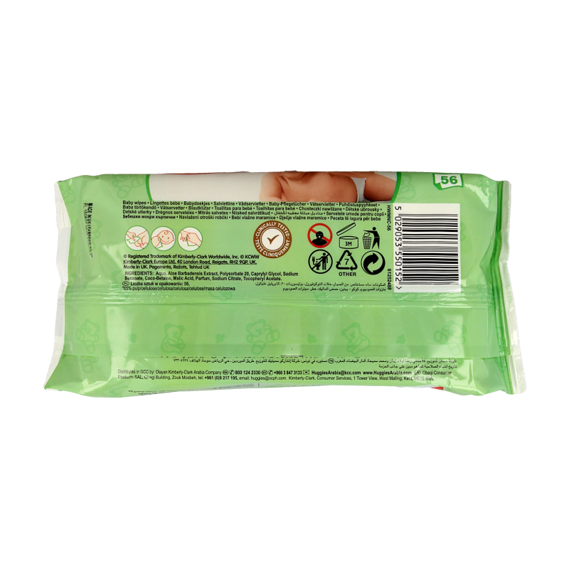 Huggies NaturalCare wipes 56-pack, soft baby wipes with gentle formula, shown in a resealable package.