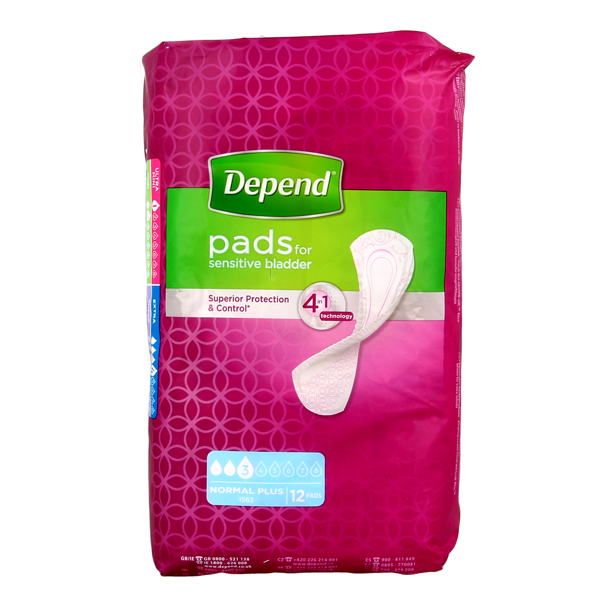 Depend Normaal plus incontinence pads, 12 pack, with absorbent design for discreet protection and comfort.