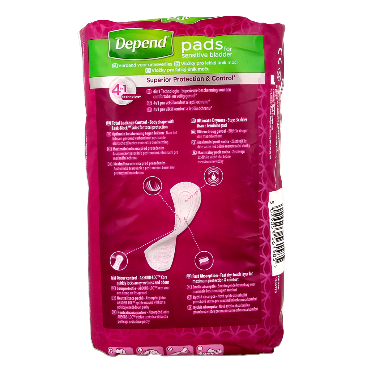 Depend Normaal Plus incontinence pads, pack of 12, showing absorbent design and packaging details.