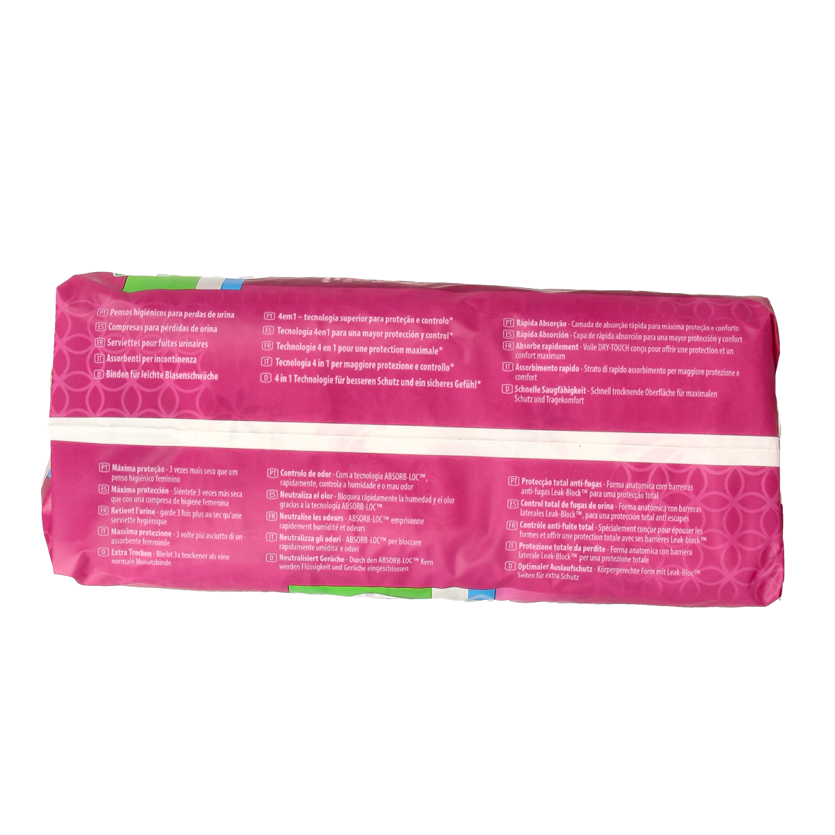 Depend Extra 4-in-1 incontinentie absorber pack with 10 disposable pads, designed for comfort and leak protection.