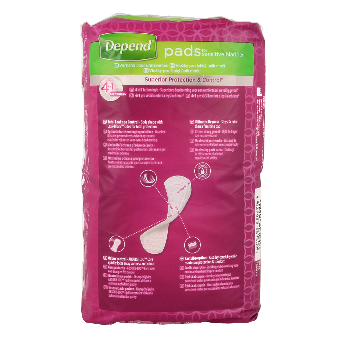 Depend Verband super incontinence pads, pack of 8, soft absorbent underwear for bladder control, shown in the image.