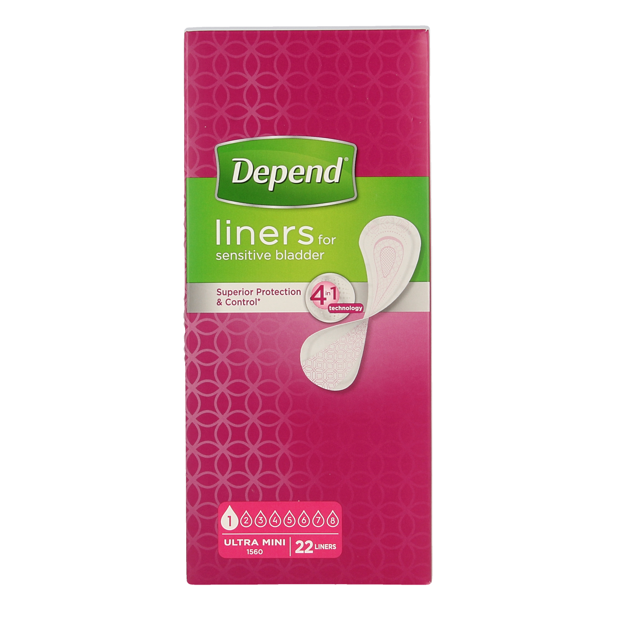 Depend Lady Ultra Mini Incontinence Pads, pack of 22, discreet and absorbent protection for women.