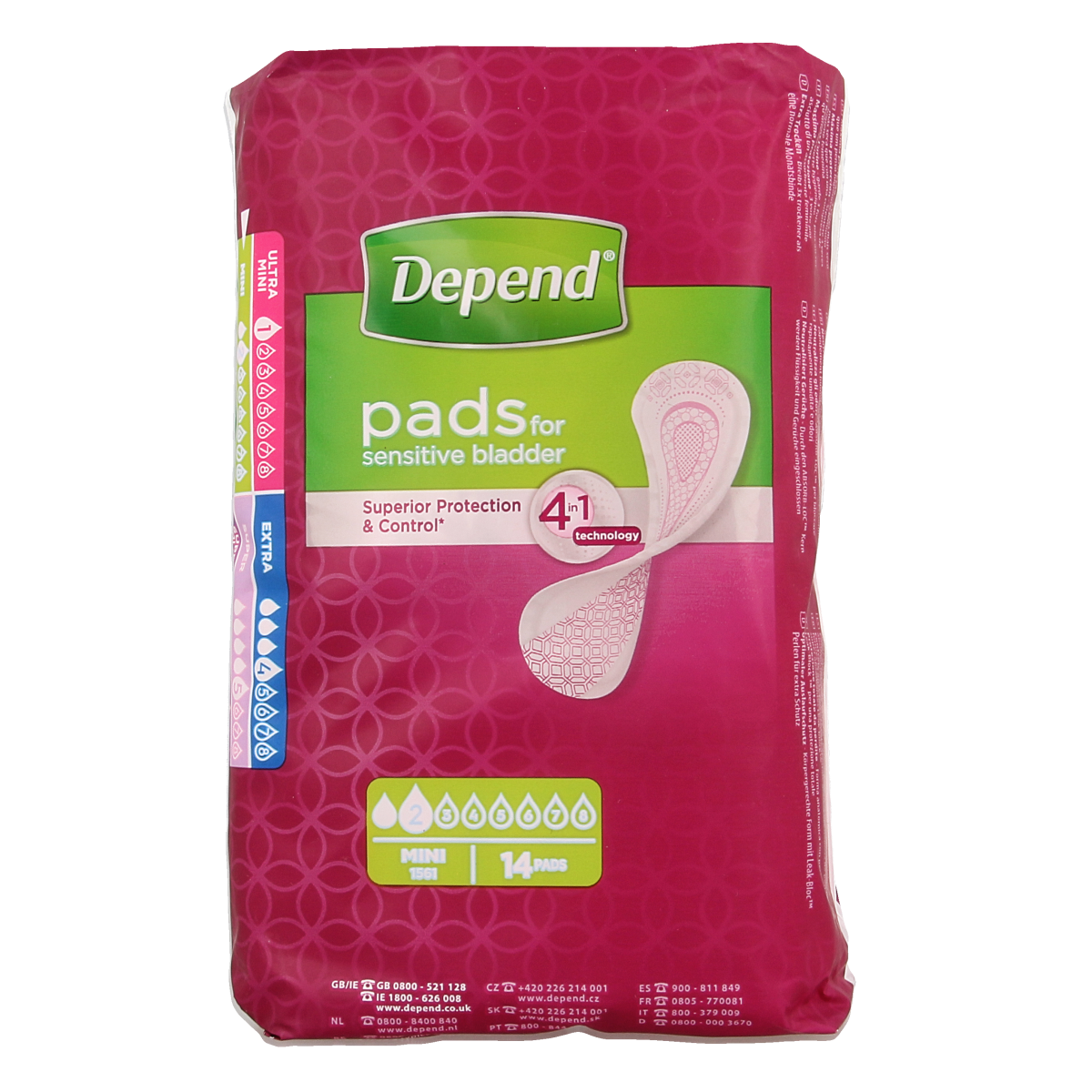 Depend Mini incontinence pads, pack of 14, shown in a close-up image with product packaging and branding.