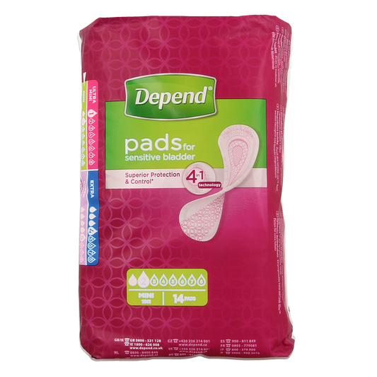 Depend Mini incontinence pads, pack of 14, shown in a close-up image with product packaging and branding.