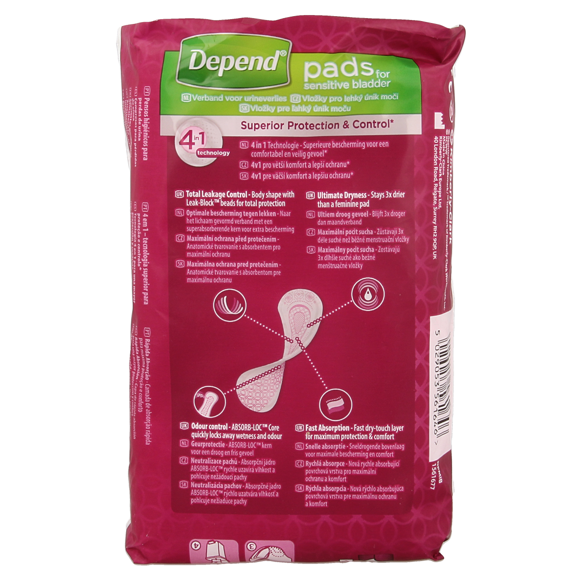 Depend Mini incontinence pads, pack of 14, soft and discreet protection for sensitive bladder control, shown in the image.