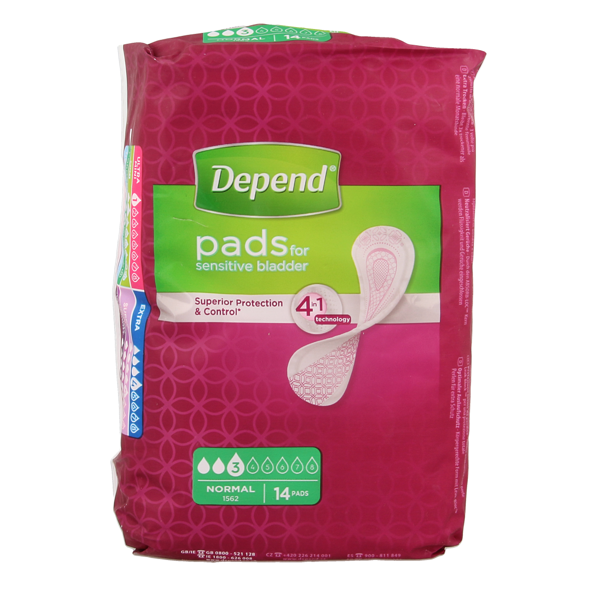 Depend Incontinence Pads normal, 14-pack, showing absorbent, discreet pads designed for incontinence management.