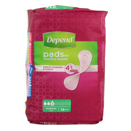 Depend Incontinence Pads normal, 14-pack, showing absorbent, discreet pads designed for incontinence management.