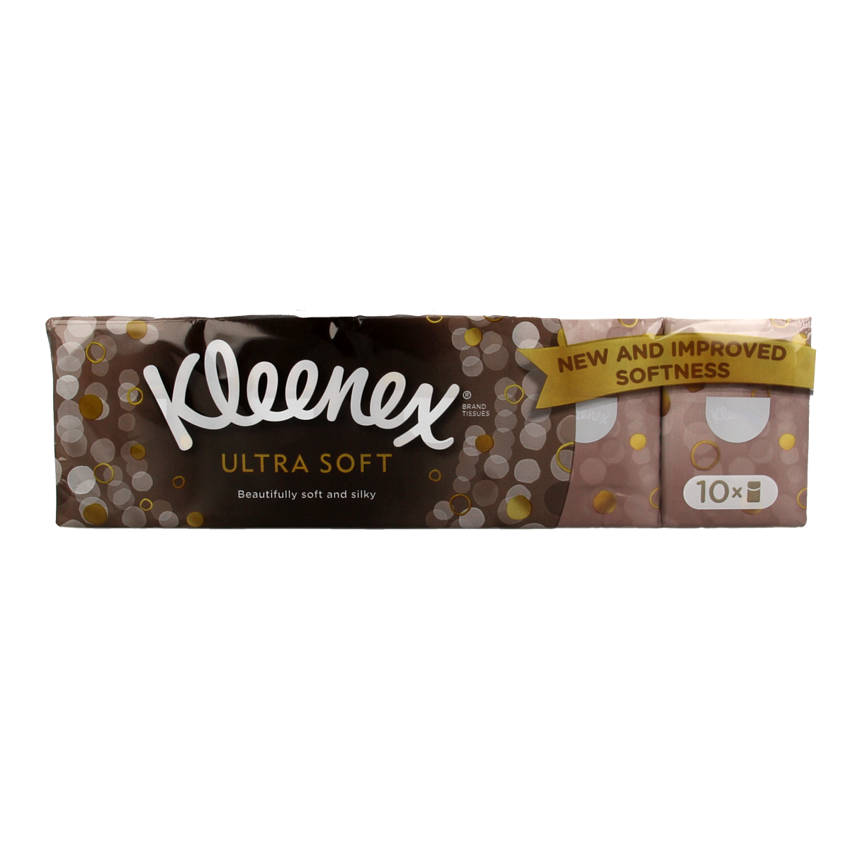 Kleenex Ultrasoft tissues in a box, 10-pack, soft facial tissues for everyday use, shown in the image.