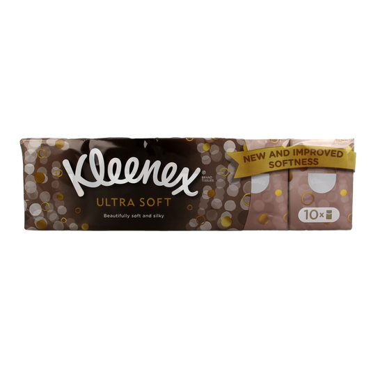 Kleenex Ultrasoft tissues in a box, 10-pack, soft facial tissues for everyday use, shown in the image.