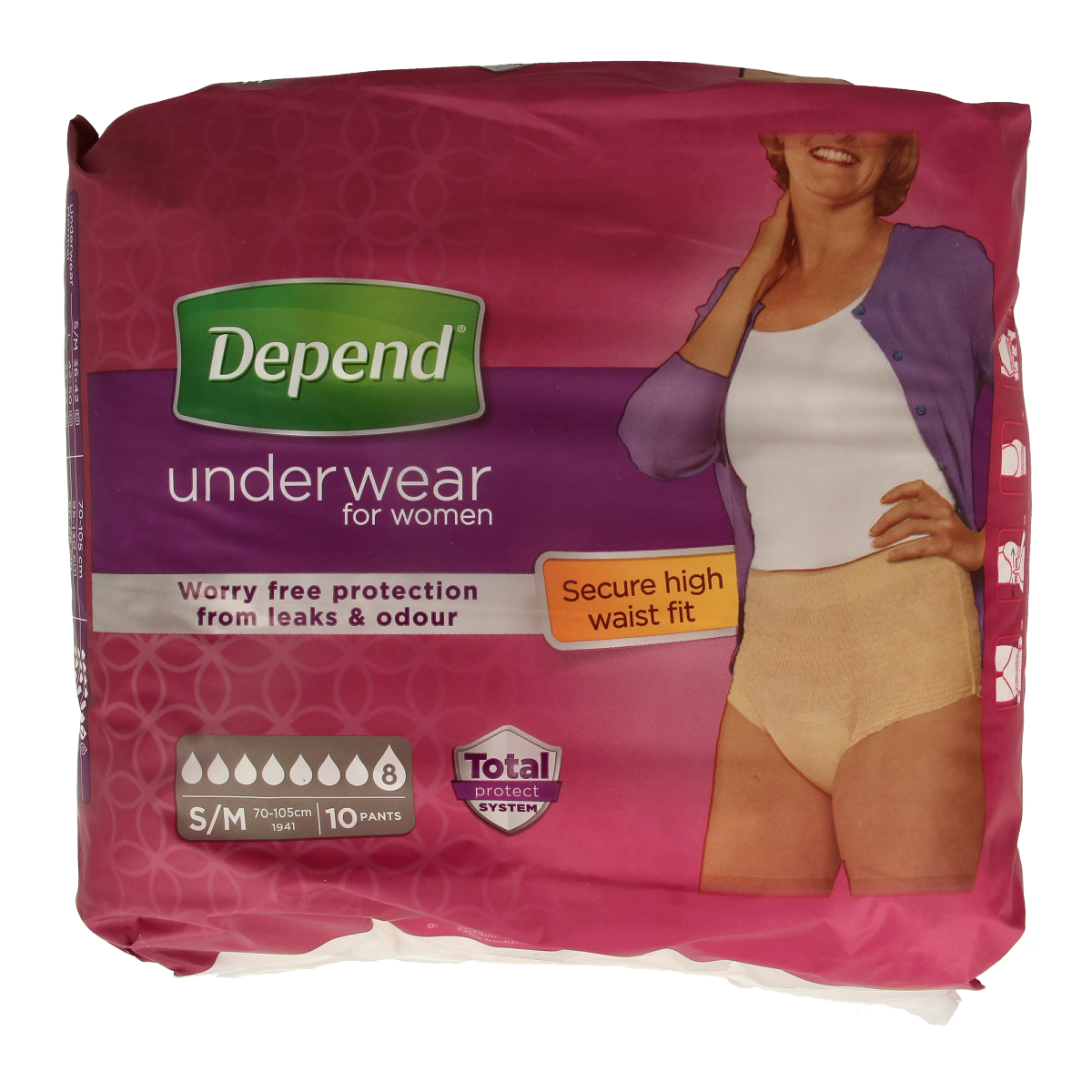 Depend female super maat S/M incontinentie pants, pack of 10, soft and discreet in white, designed for comfort and leak protection.