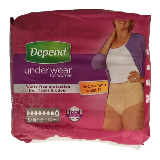 Depend female super maat S/M incontinentie pants, pack of 10, soft and discreet in white, designed for comfort and leak protection.