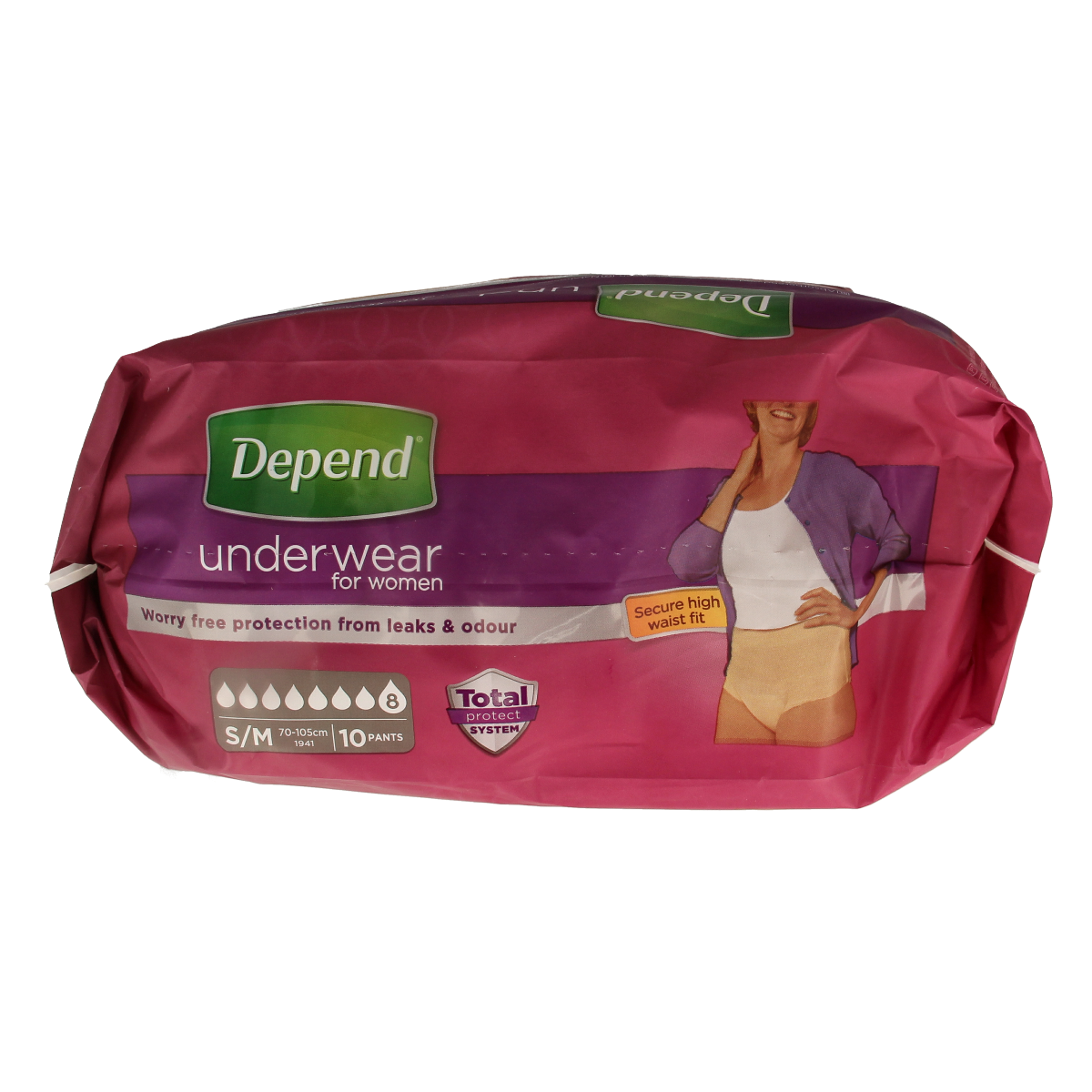 Depend female super maat S/M incontinentie pants, shown in a pack of 10, designed for reliable incontinence protection.
