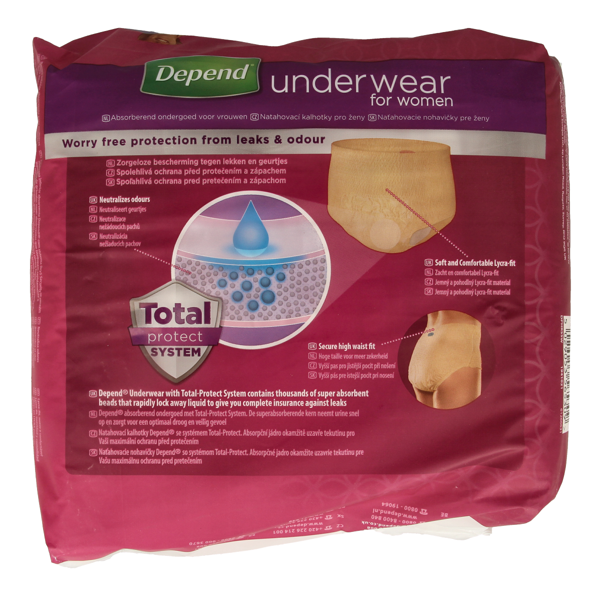 Depend female super incontinence pants in size S/M, pack of 10, designed for discreet protection and comfort.