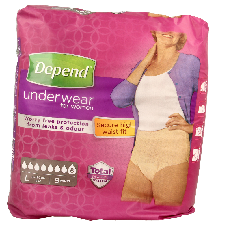 Depend Incontinentie Pants super maat L, 9 stuks, shown in white with elastic waistband and absorbent core for comfortable protection.