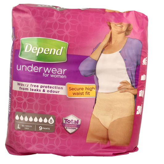 Depend Incontinentie Pants super maat L, 9 stuks, shown in white with elastic waistband and absorbent core for comfortable protection.