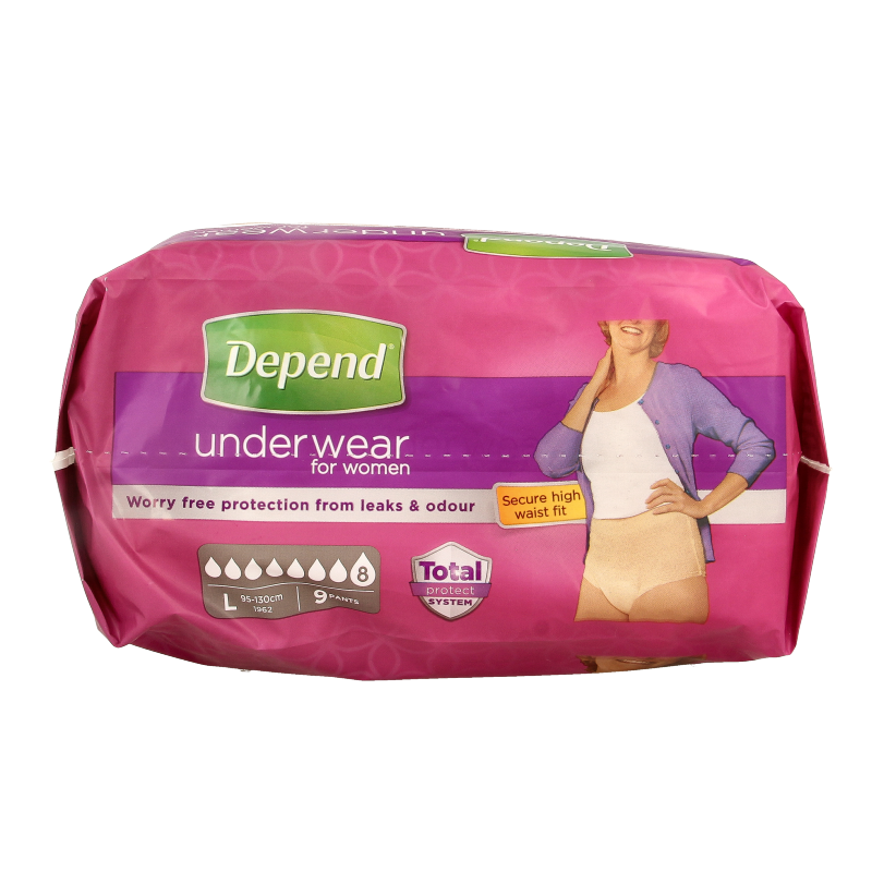 Depend Incontinence Pants super maat L, 9-pack, showing beige adult diaper with elastic waistband and absorbent core.