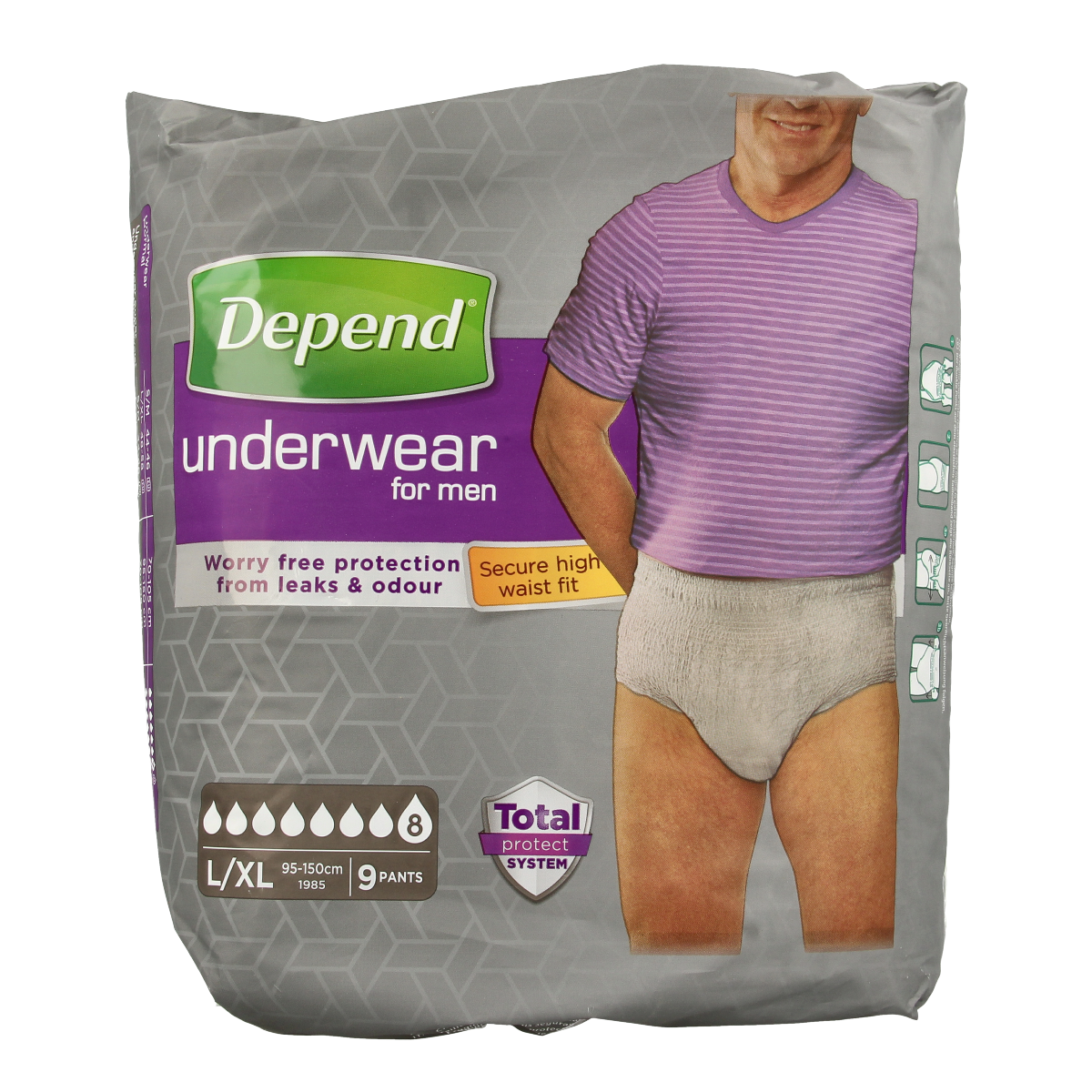 Depend Men Incontinence Pants Super Maat L/XL, 9 pack, designed for comfortable men with incontinence needs.